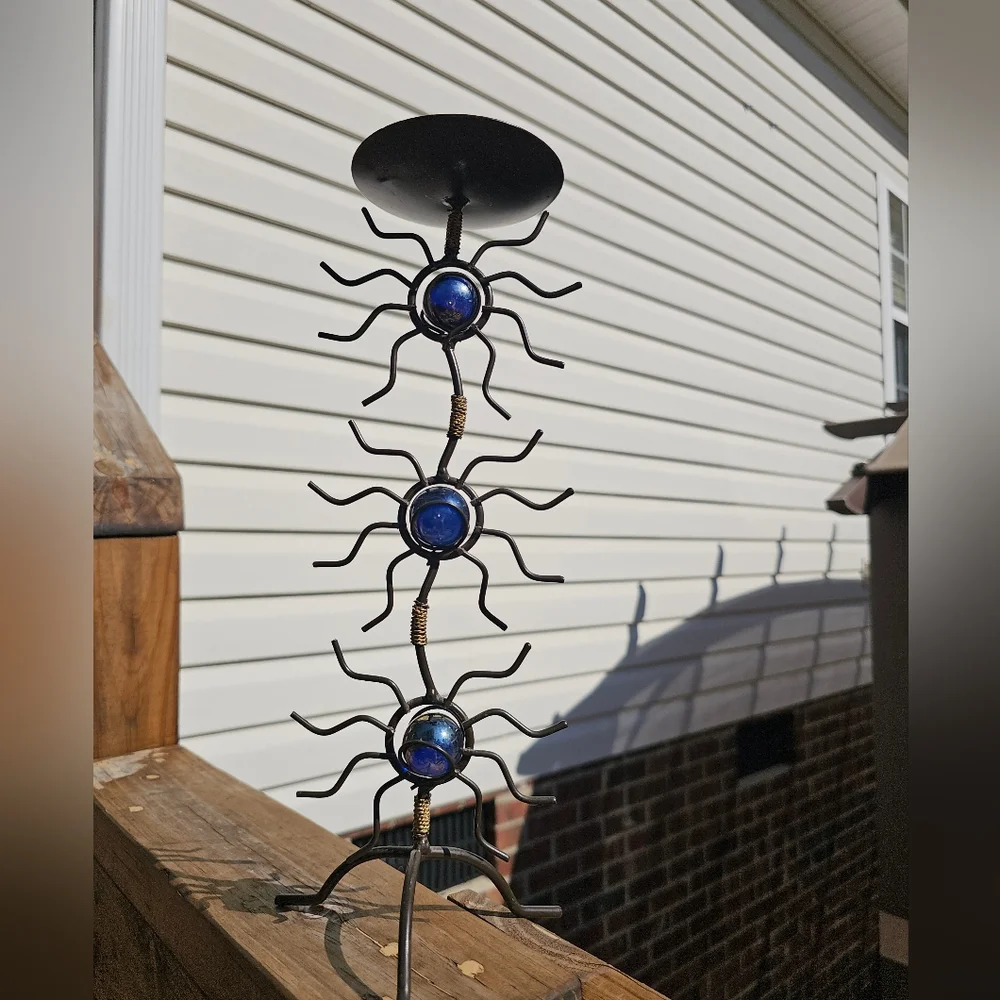 Halloween Metal Spider Candle Holder Blue Marbles Tall Goth‎ Art Deco Spooky